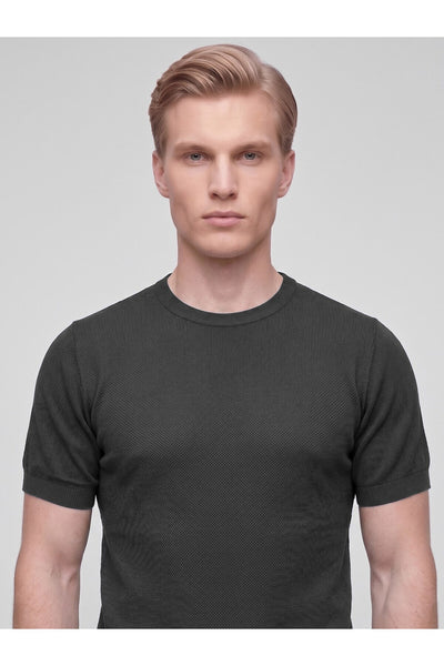 Erkek Bisiklet Yaka Kısa Kollu Triko Tişört – Slim Fit Modern Kesim Yazlık T-Shirt - Siyah