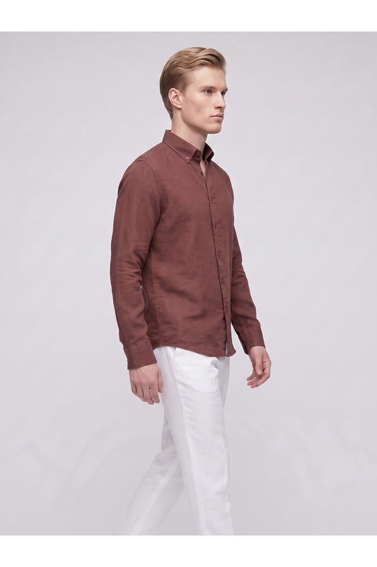 Erkek Keten Müslin Gömlek – Slim Fit Düğmeli Yaka Uzun Kollu Yazlık Gömlek - Kahverengi