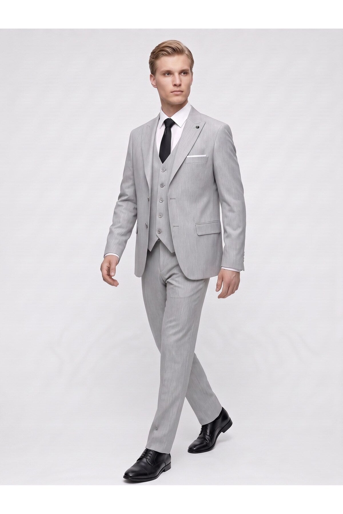Erkek 3 Parça Slim Fit Çift Yırtmaçlı Takım Elbise Yelekli Şık Klasik Takım 6 Drop - Gri