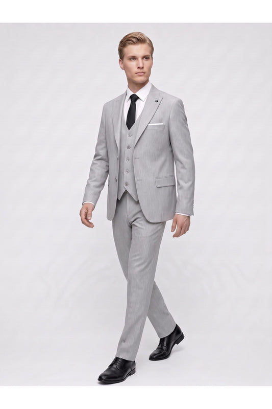 Erkek 3 Parça Slim Fit Çift Yırtmaçlı Takım Elbise Yelekli Şık Klasik Takım 6 Drop - Gri