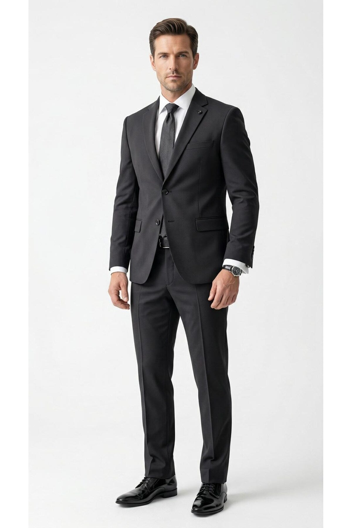 Erkek Klasik 2’li Takım Elbise 2 Düğmeli Slim Fit Esnek Kumaş Çift Yırtmaçlı 7 Drop - Siyah