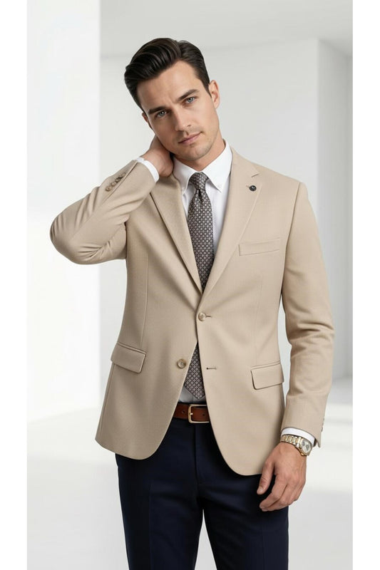 Slim Fit Mikro Desenli Erkek Ceket Yazlık Pike Kumaş Çift Yırtmaç Blazer - Bej