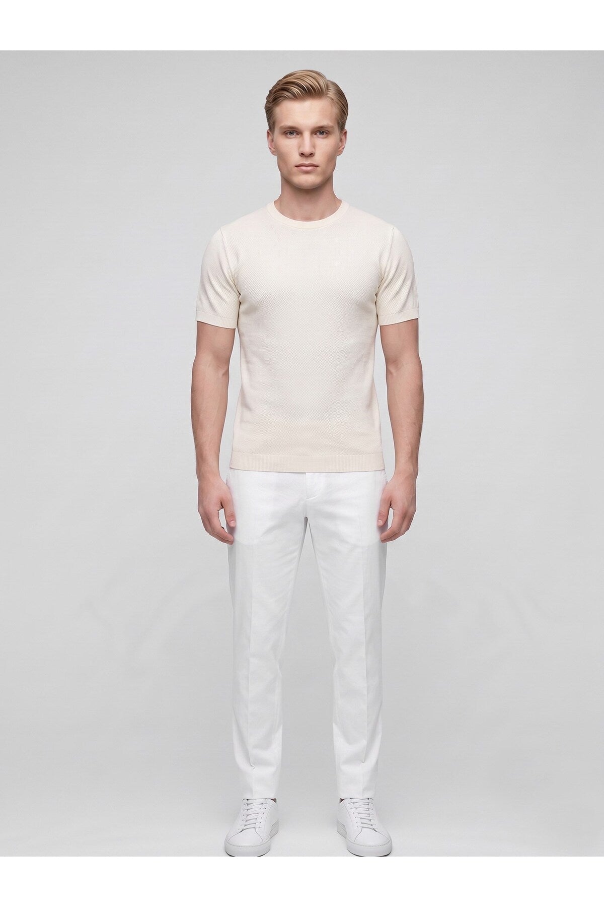Erkek Bisiklet Yaka Kısa Kollu Triko Tişört – Slim Fit Modern Kesim Yazlık T-Shirt - Bej