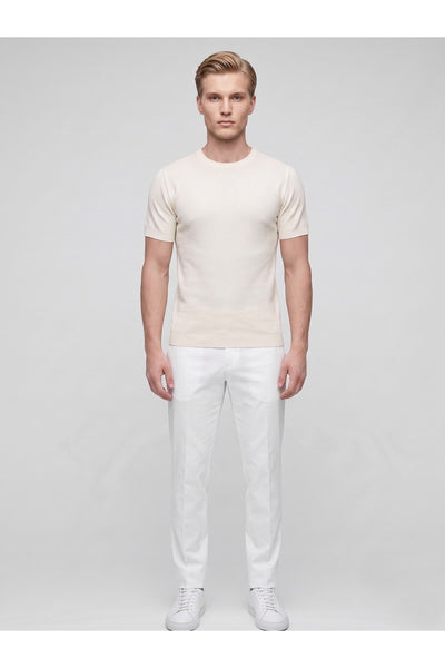 Erkek Bisiklet Yaka Kısa Kollu Triko Tişört – Slim Fit Modern Kesim Yazlık T-Shirt - Bej