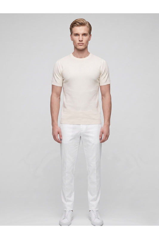 Erkek Bisiklet Yaka Kısa Kollu Triko Tişört – Slim Fit Modern Kesim Yazlık T-Shirt - Bej
