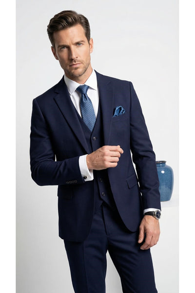 Erkek 3 Parça Slim Fit Takım Elbise –Klasik Likralı Kumaş, Tek Düğme, Çift Yırtmaçlı Modern Kesim ( - Lacivert