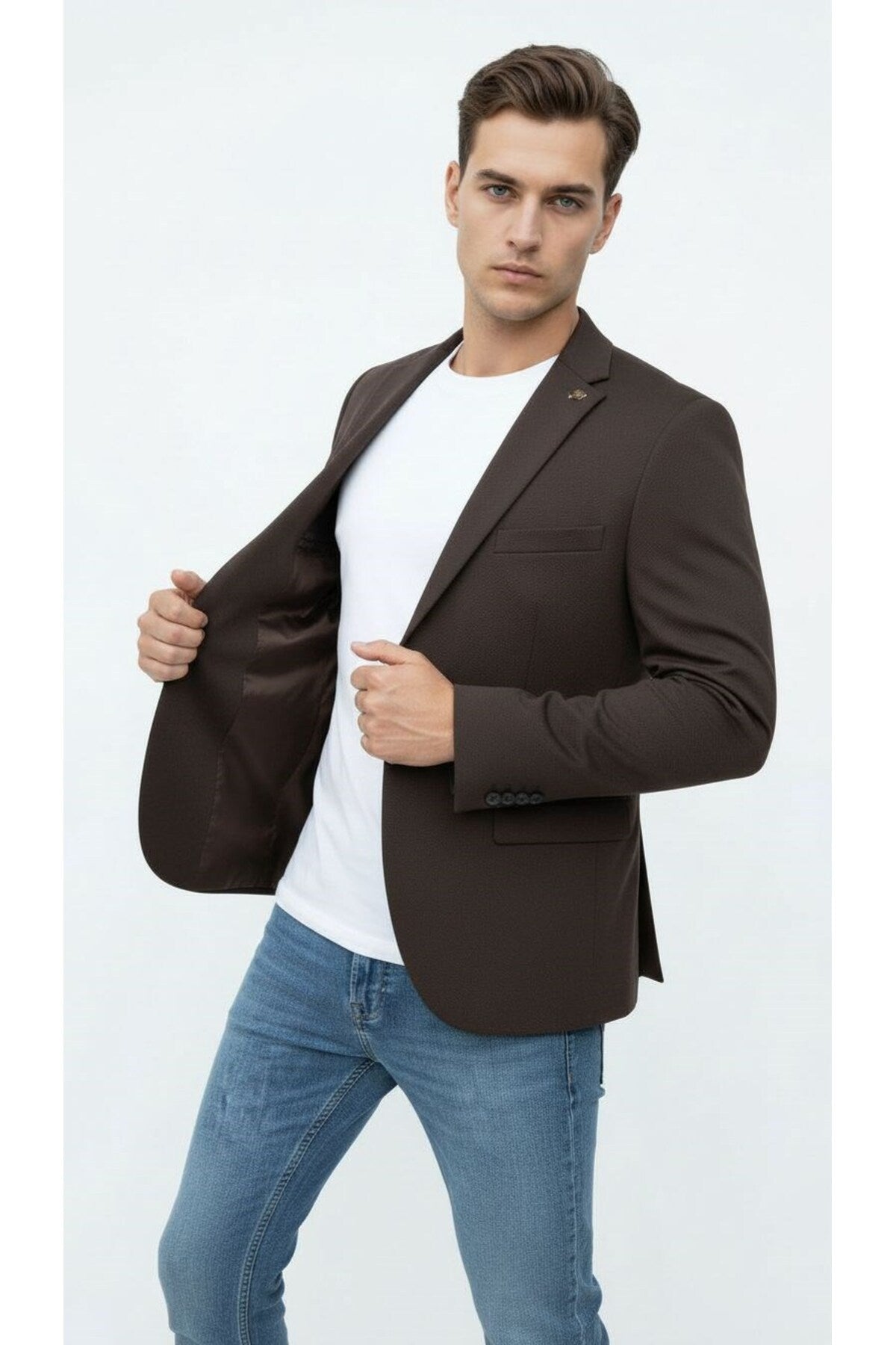 Kahverengi Erkek Slim Fit Blazer Ceket – Şık, Modern, Günlük ve Ofis Kombinlerine Uygun Tek Düğmeli - Kahverengi