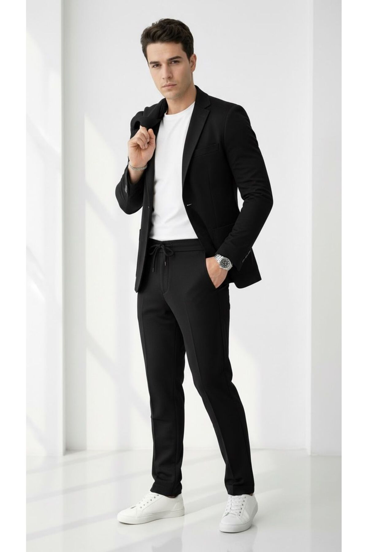 Pike Kumaş Jogger Pantolonlu Erkek Takım Elbise – Torba Cepli Tek Düğme Slim Fit Kombin - Siyah
