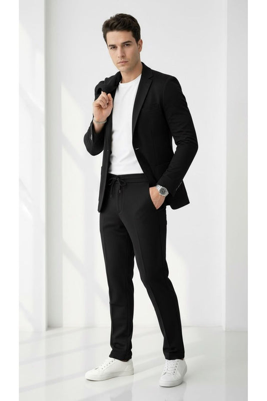 Pike Kumaş Jogger Pantolonlu Erkek Takım Elbise – Torba Cepli Tek Düğme Slim Fit Kombin - Siyah