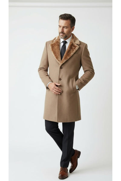 Erkek Uzun Kaşe Kaban Palto Mont– Çıkartılabilir Kürk Yaka, Astarlı ve Cepli Slim Fit - Bej