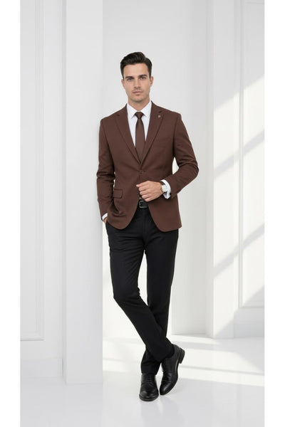 Slim Fit Mikro Desenli Erkek Ceket Yazlık Pike Kumaş Çift Yırtmaç Blazer - Kahverengi