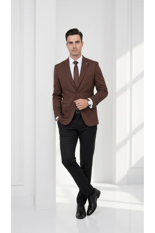 Slim Fit Mikro Desenli Erkek Ceket Yazlık Pike Kumaş Çift Yırtmaç Blazer - Kahverengi