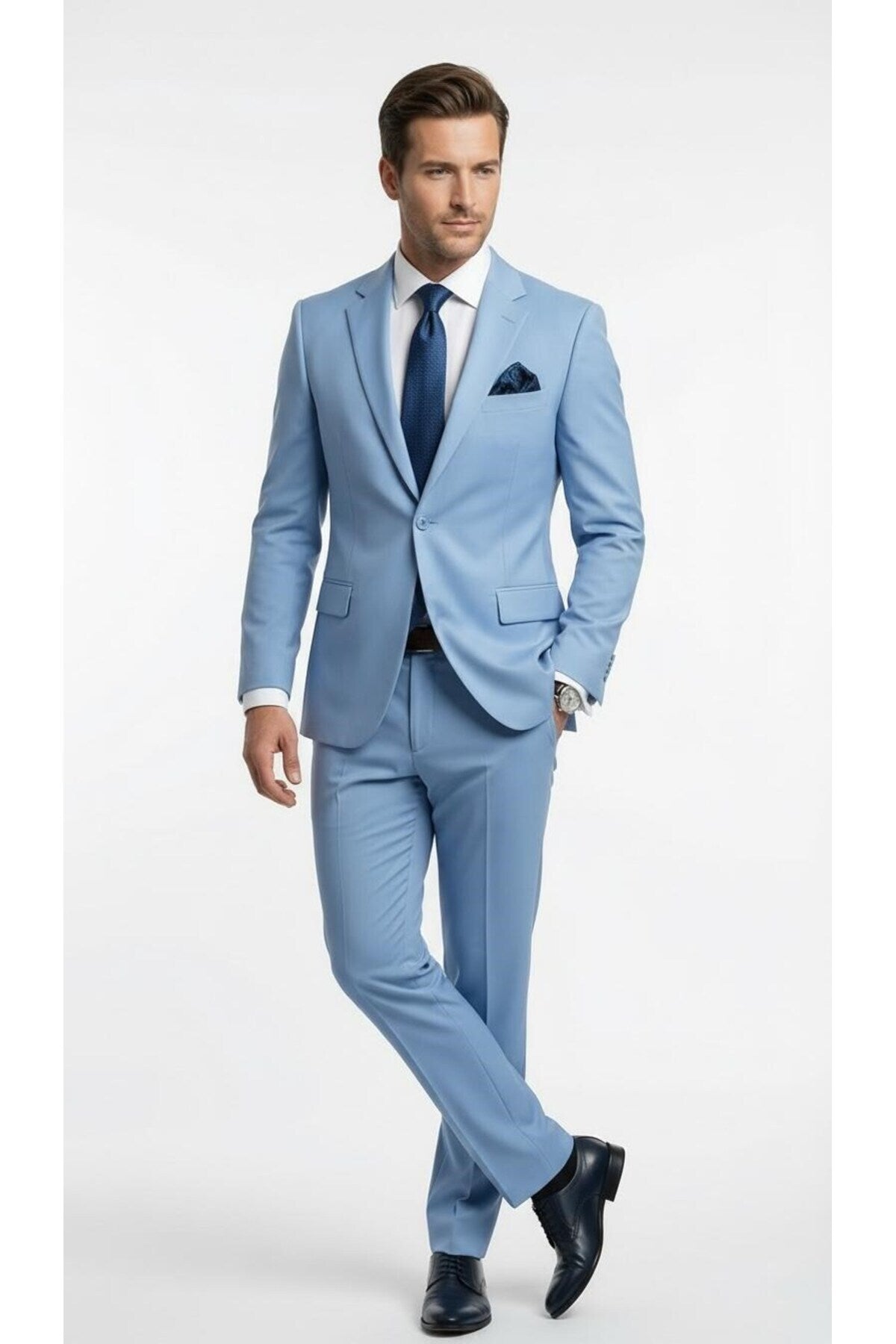 Erkek 3 Parça Slim Fit Takım Elbise –Klasik Likralı Kumaş, Tek Düğme, Çift Yırtmaçlı Modern Kesim ( - Mavi
