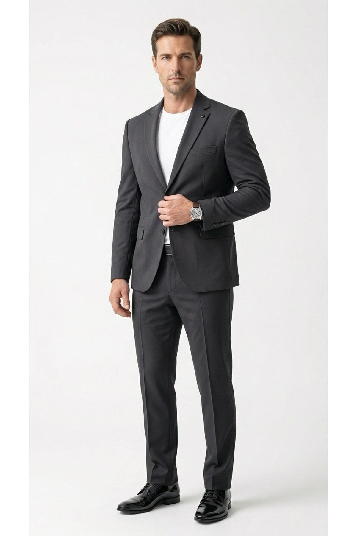 Erkek Klasik 2’li Takım Elbise 2 Düğmeli Slim Fit Esnek Kumaş Çift Yırtmaçlı 7 Drop - Siyah
