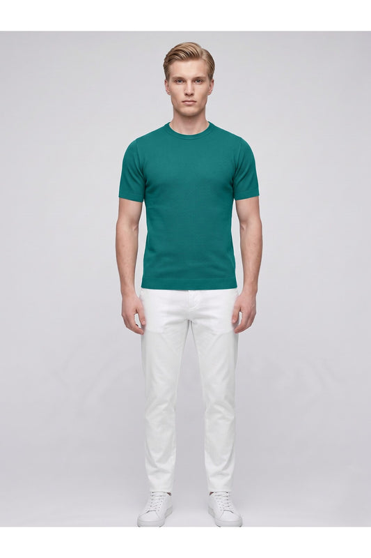 Erkek Bisiklet Yaka Kısa Kollu Triko Tişört – Slim Fit Modern Kesim Yazlık T-Shirt - Yeşil
