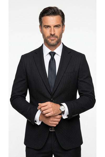 Erkek Slim Fit Çift Düğme Çift Yırtmaçlı Blazer Ceket – Premium Dokulu Kumaş - Siyah