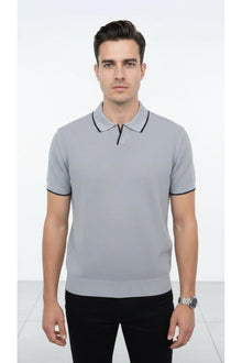 Erkek Pike Dokulu Triko Polo Yaka Tişört Slim Fit Şerit Detaylı Yazlık Model - Gri