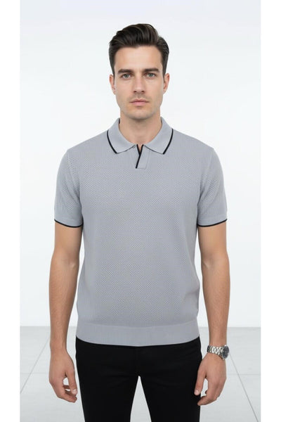 Erkek Pike Dokulu Triko Polo Yaka Tişört Slim Fit Şerit Detaylı Yazlık Model - Gri