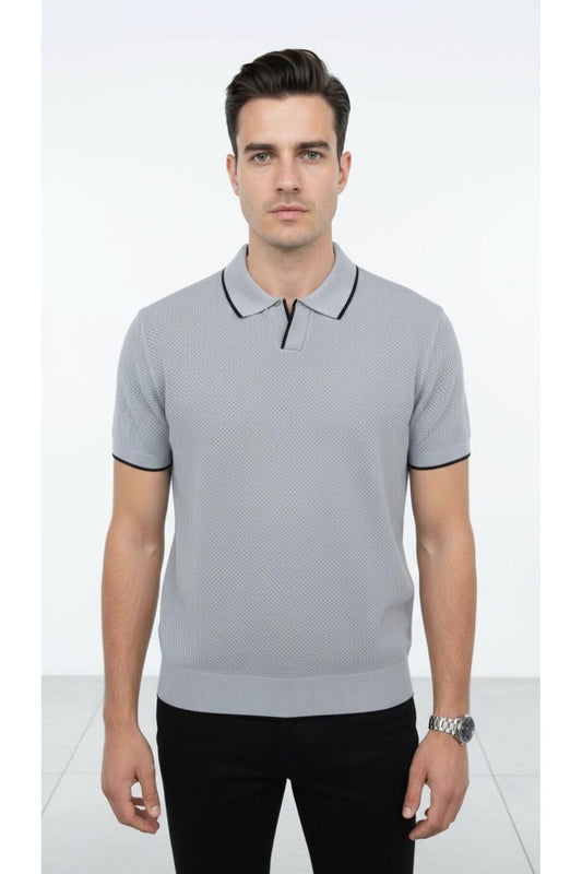 Erkek Pike Dokulu Triko Polo Yaka Tişört Slim Fit Şerit Detaylı Yazlık Model - Gri