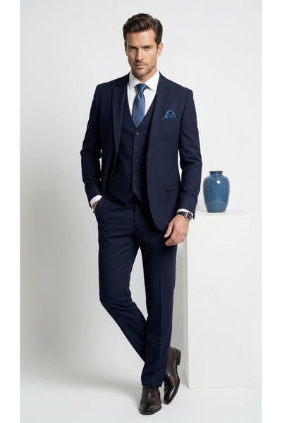 Erkek 3 Parça Slim Fit Takım Elbise –Klasik Likralı Kumaş, Tek Düğme, Çift Yırtmaçlı Modern Kesim ( - Lacivert