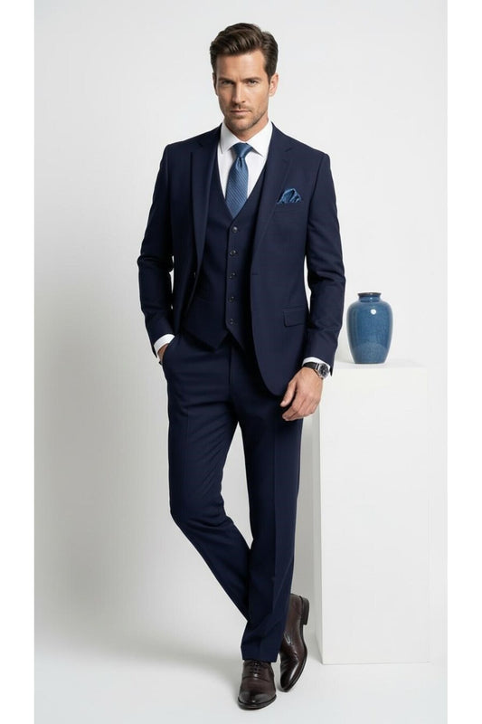 Erkek 3 Parça Slim Fit Takım Elbise –Klasik Likralı Kumaş, Tek Düğme, Çift Yırtmaçlı Modern Kesim ( - Lacivert