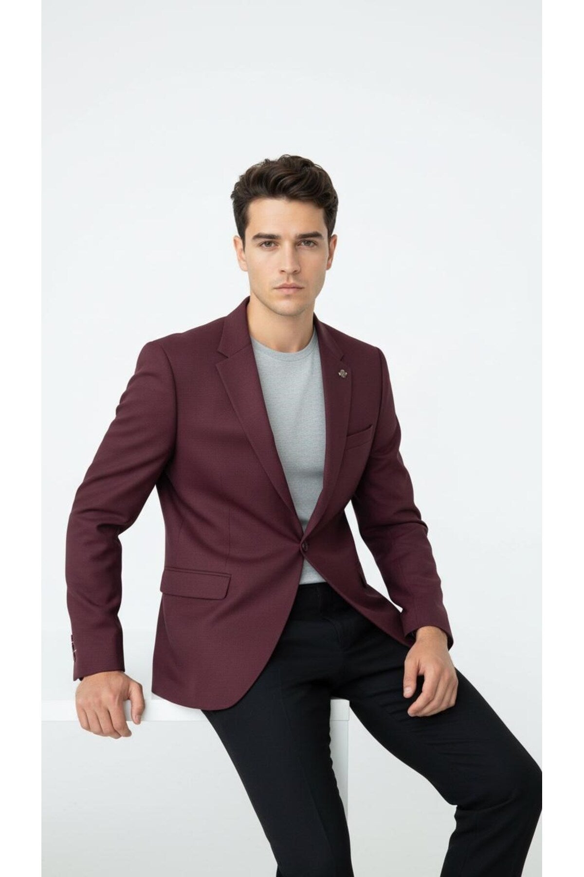 Bordo Erkek Tek Düğmeli Blazer Ceket – Dokulu Kumaş, Çift Yırtmaçlı Şık Tasarım - Bordo