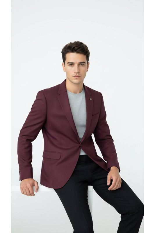 Bordo Erkek Tek Düğmeli Blazer Ceket – Dokulu Kumaş, Çift Yırtmaçlı Şık Tasarım - Bordo