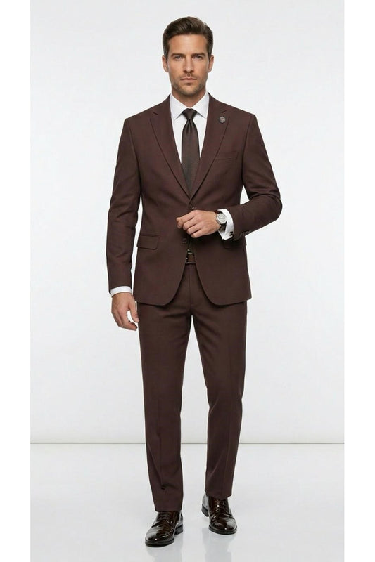 Erkek Klasik 2’li Takım Elbise 2 Düğmeli Slim Fit Esnek Kumaş Çift Yırtmaçlı 7 Drop - Kahverengi