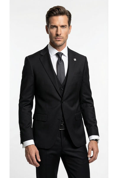 Erkek Klasik Slim Fit Takım Elbise – Notch Yaka, Yaka Punto Dikişli, Tek Düğmeli, Çift Yırtmaçlı - Siyah