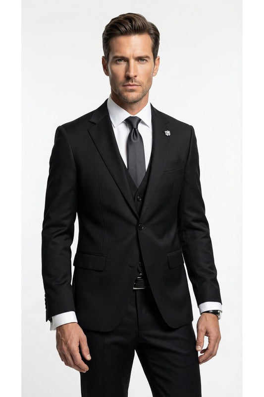Erkek Klasik Slim Fit Takım Elbise – Notch Yaka, Yaka Punto Dikişli, Tek Düğmeli, Çift Yırtmaçlı - Siyah