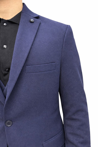Erkek Klasik Slim Fit Armürlü Kumaş Tek Düğmeli Çift Yırtmaçlı Klasik Yaka Takım Elbise 7 Drop - Lacivert