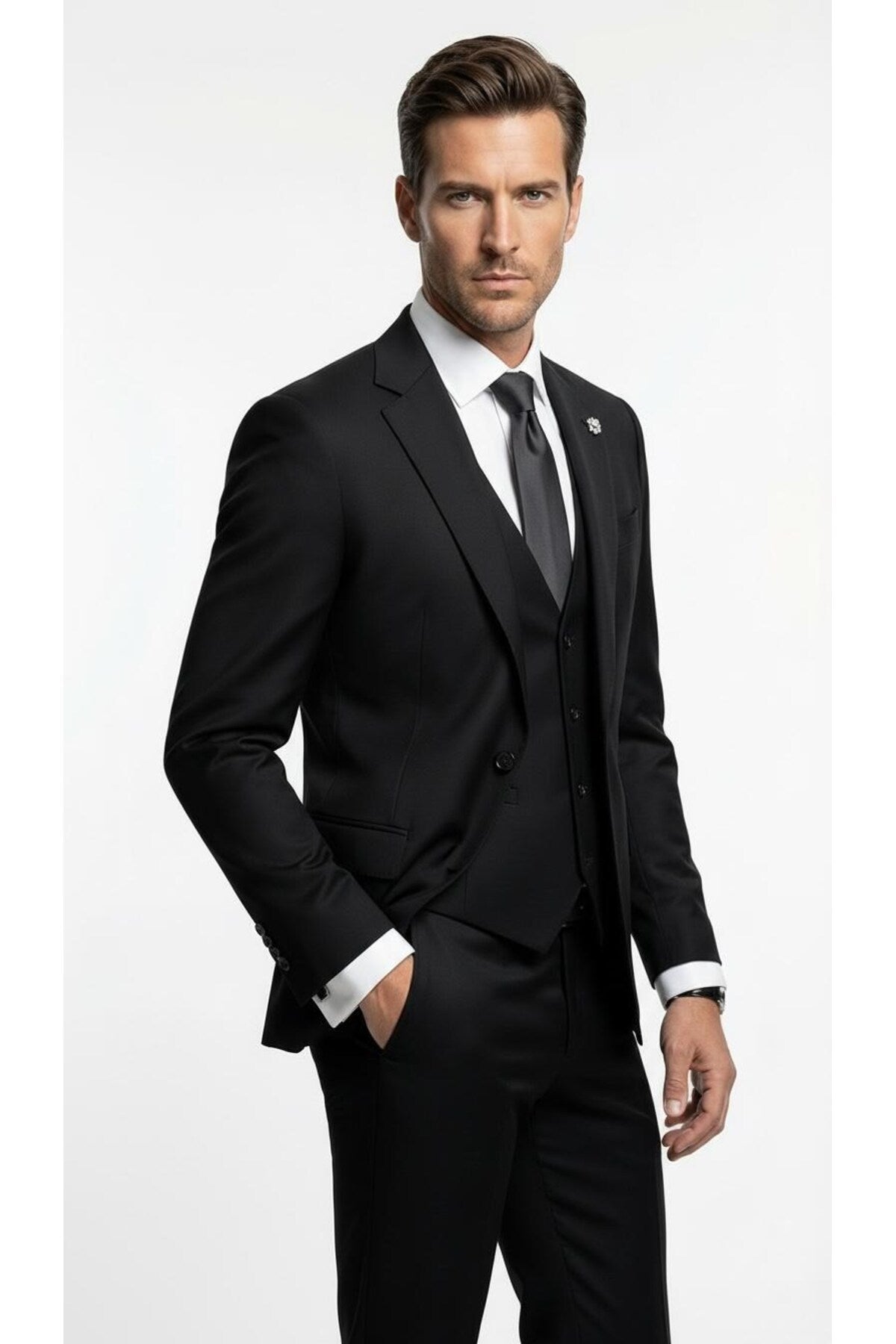 Erkek Klasik Slim Fit Takım Elbise – Notch Yaka, Yaka Punto Dikişli, Tek Düğmeli, Çift Yırtmaçlı - Siyah