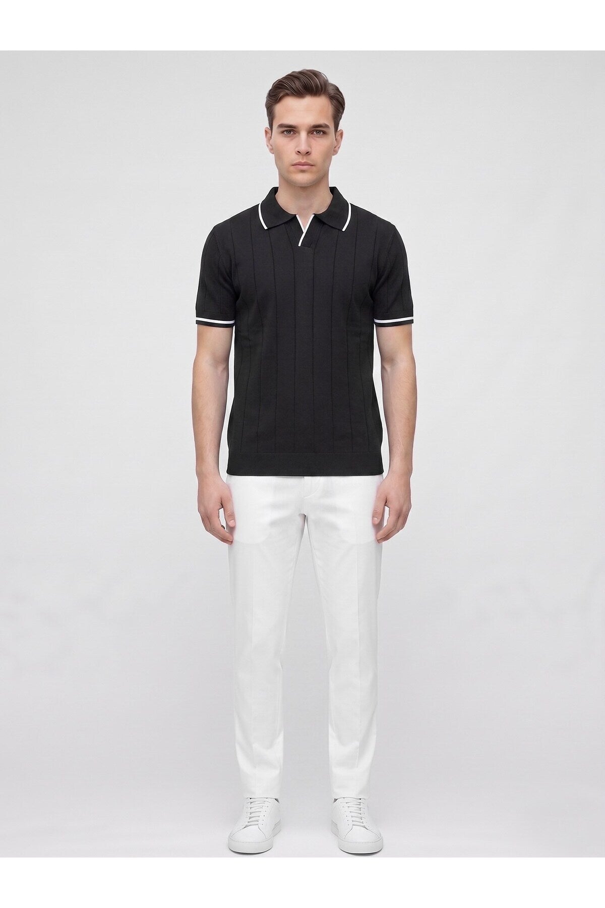 Erkek Polo Yaka Triko Kısa Kollu T-Shirt - Siyah