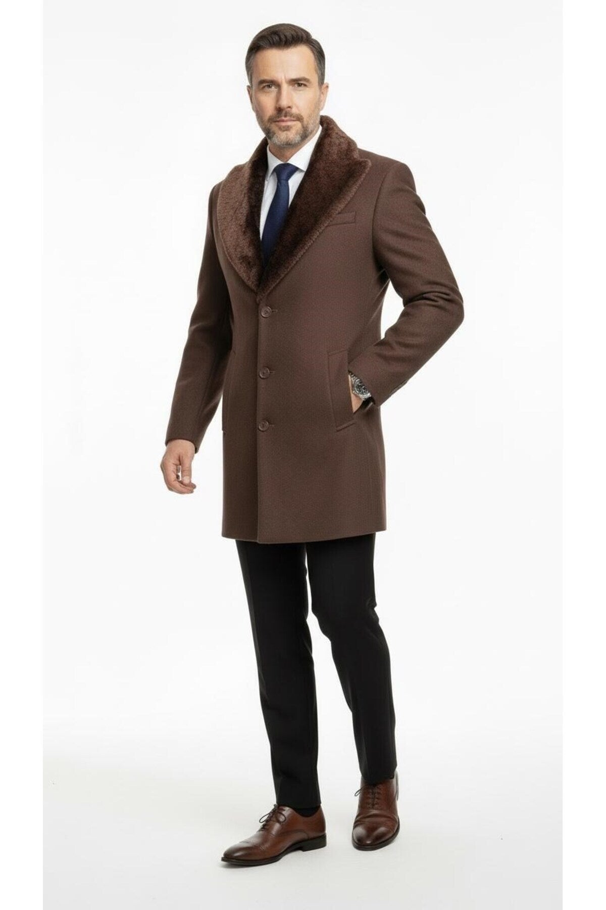 Erkek Uzun Kaşe Kaban Palto Mont– Çıkartılabilir Kürk Yaka, Astarlı ve Cepli Slim Fit - Kahverengi
