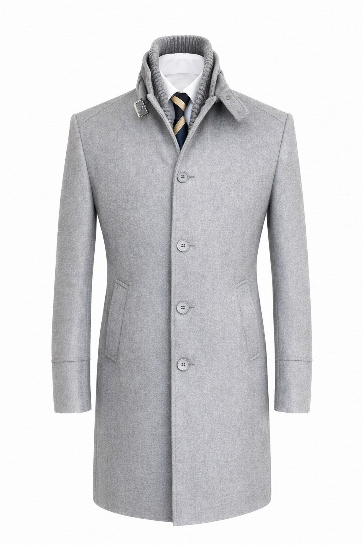 Erkek Slim Fit Kaşe Kaban – Çıkarılabilir Ribanalı Fermuarlı Yaka, S–XXL - Gri