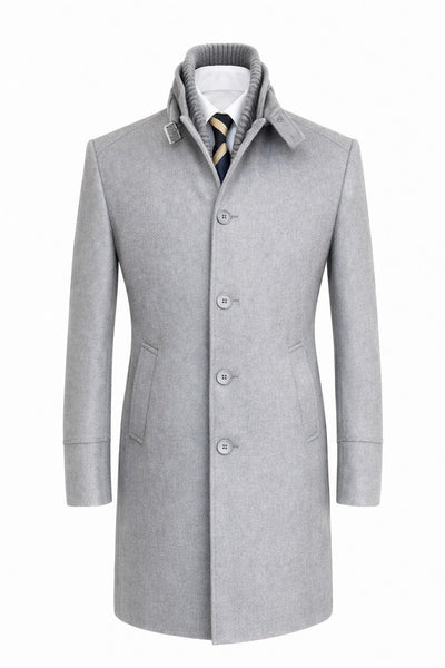 Erkek Slim Fit Kaşe Kaban – Çıkarılabilir Ribanalı Fermuarlı Yaka, S–XXL - Gri
