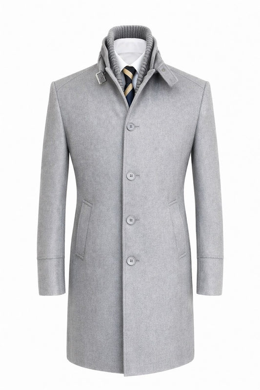Erkek Slim Fit Kaşe Kaban – Çıkarılabilir Ribanalı Fermuarlı Yaka, S–XXL - Gri