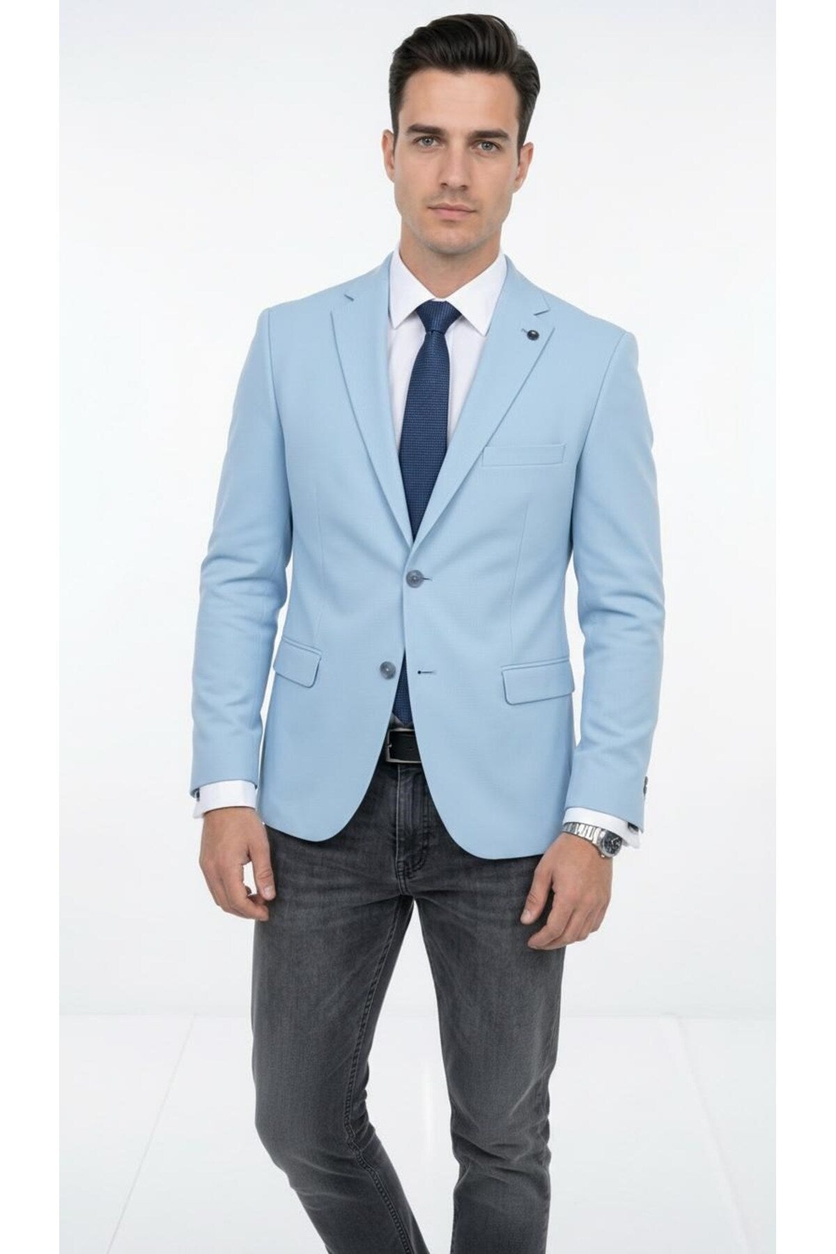 Slim Fit Mikro Desenli Erkek Ceket Yazlık Pike Kumaş Çift Yırtmaç Blazer - Mavi