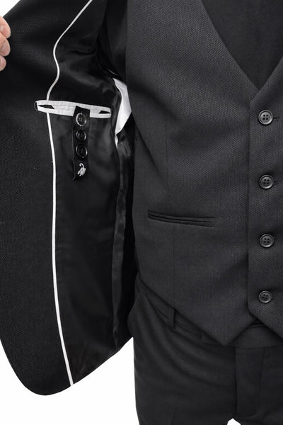 Erkek Klasik Slim Fit Armürlü Kumaş Tek Düğmeli Çift Yırtmaçlı Klasik Yaka Takım Elbise 7 Drop - Siyah