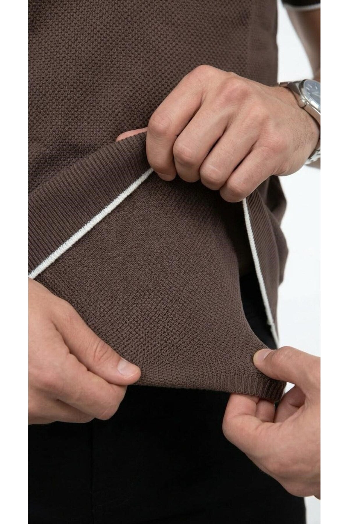 Erkek Pike Dokulu Triko Polo Yaka Tişört Slim Fit Şerit Detaylı Yazlık Model - Kahverengi