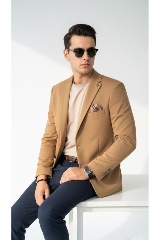 Camel Erkek Blazer Ceket – Esnek Comfort Kumaş, İtalyan Kesim, Tek Düğmeli Slim Fit Şı - Bej