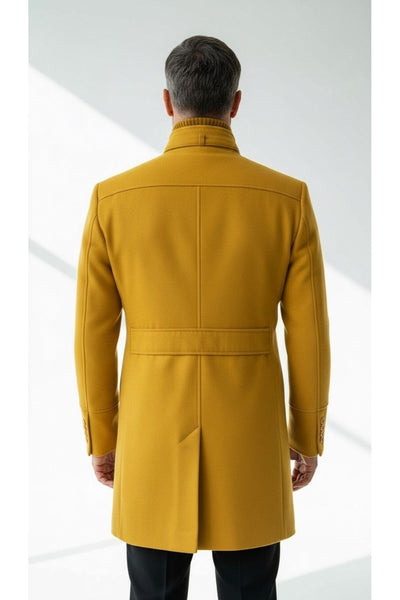 Erkek Slim Fit Kaşe Kaban – Çıkarılabilir Ribanalı Fermuarlı Yaka, S–XXL - Sarı