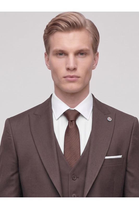 Erkek 3 Parça Slim Fit Çift Yırtmaçlı Takım Elbise Yelekli Şık Klasik Takım 6 Drop - Kahverengi