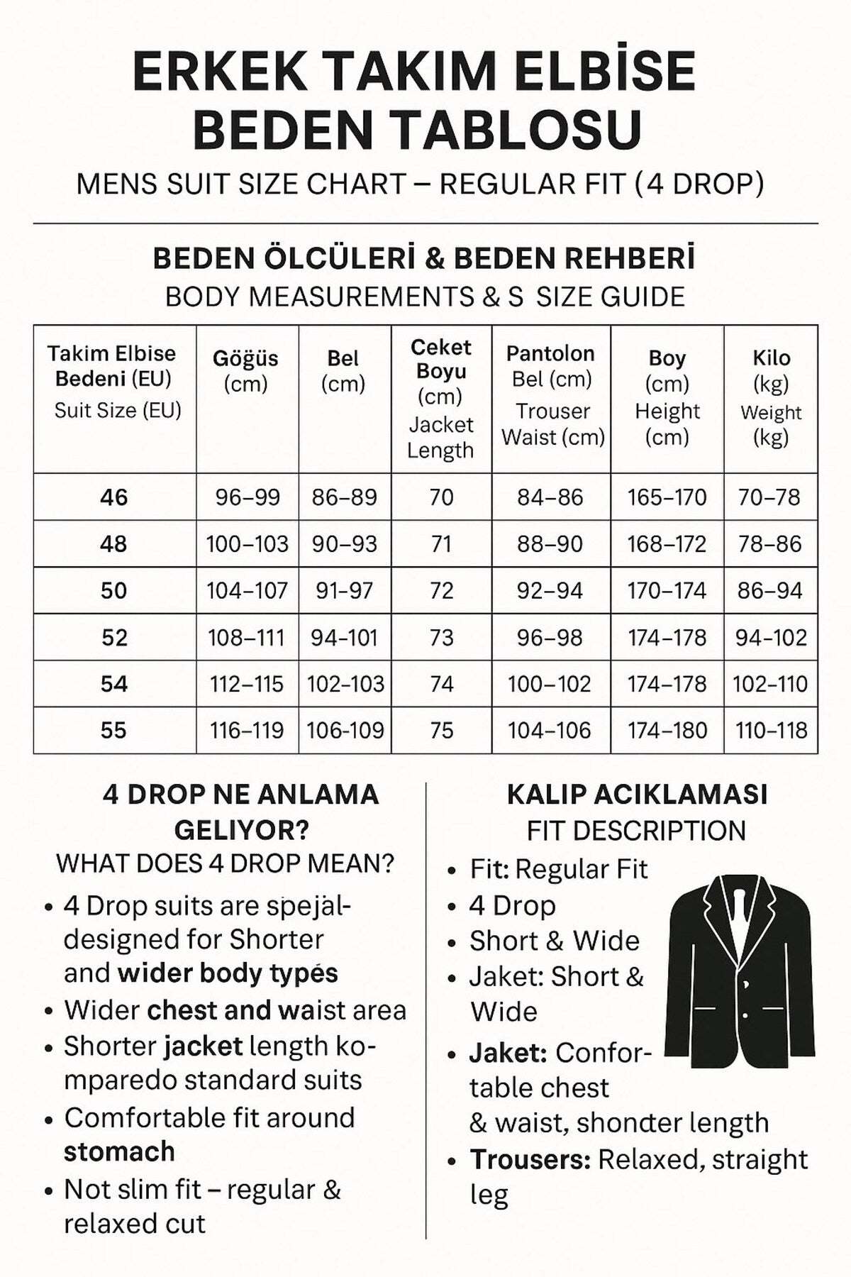 rkek Takım Elbise 4 Drop – Poliviskon Kumaş, Kısa ve Şişman Erkekler İçin Rahat Kalıp - Siyah
