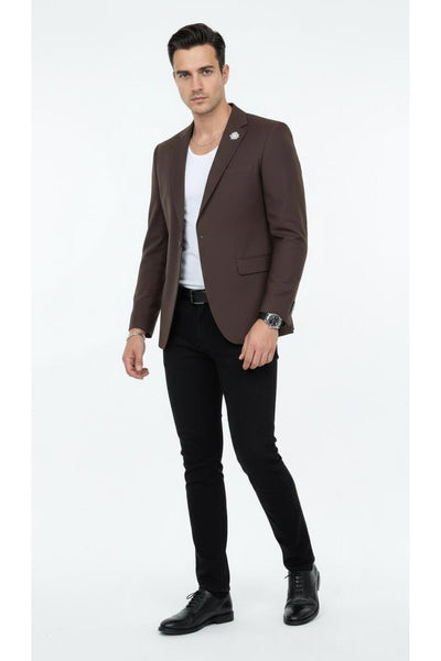 Erkek Mono Yaka Tek Düğmeli Çift Yırtmaçlı Blazer Ceket – Premium Dokuma Kumaş, 8 Renk - Kahverengi