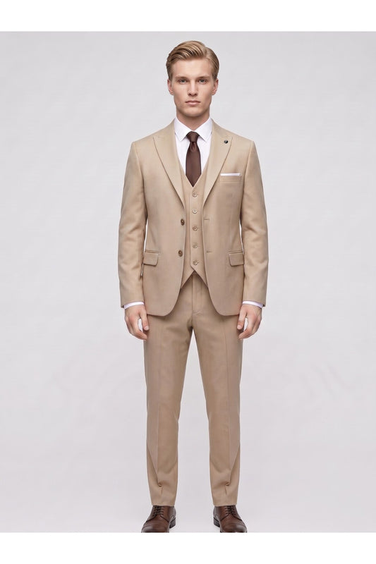 Erkek 3 Parça Slim Fit Çift Yırtmaçlı Takım Elbise Yelekli Şık Klasik Takım 6 Drop - Bej