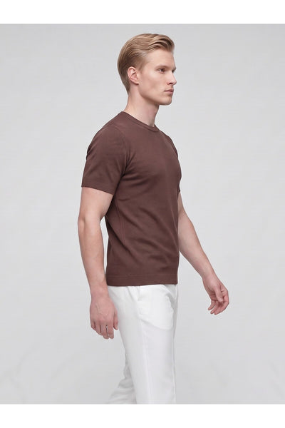 Erkek Bisiklet Yaka Kısa Kollu Triko Tişört – Slim Fit Modern Kesim Yazlık T-Shirt - Kahverengi