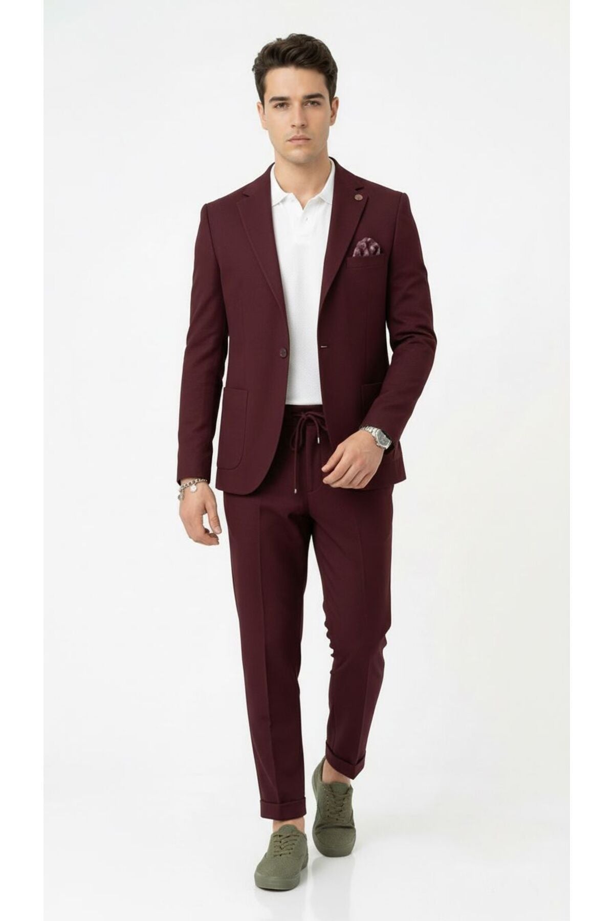Pike Kumaş Jogger Pantolonlu Erkek Takım Elbise – Torba Cepli Tek Düğme Slim Fit Kombin - Bordo