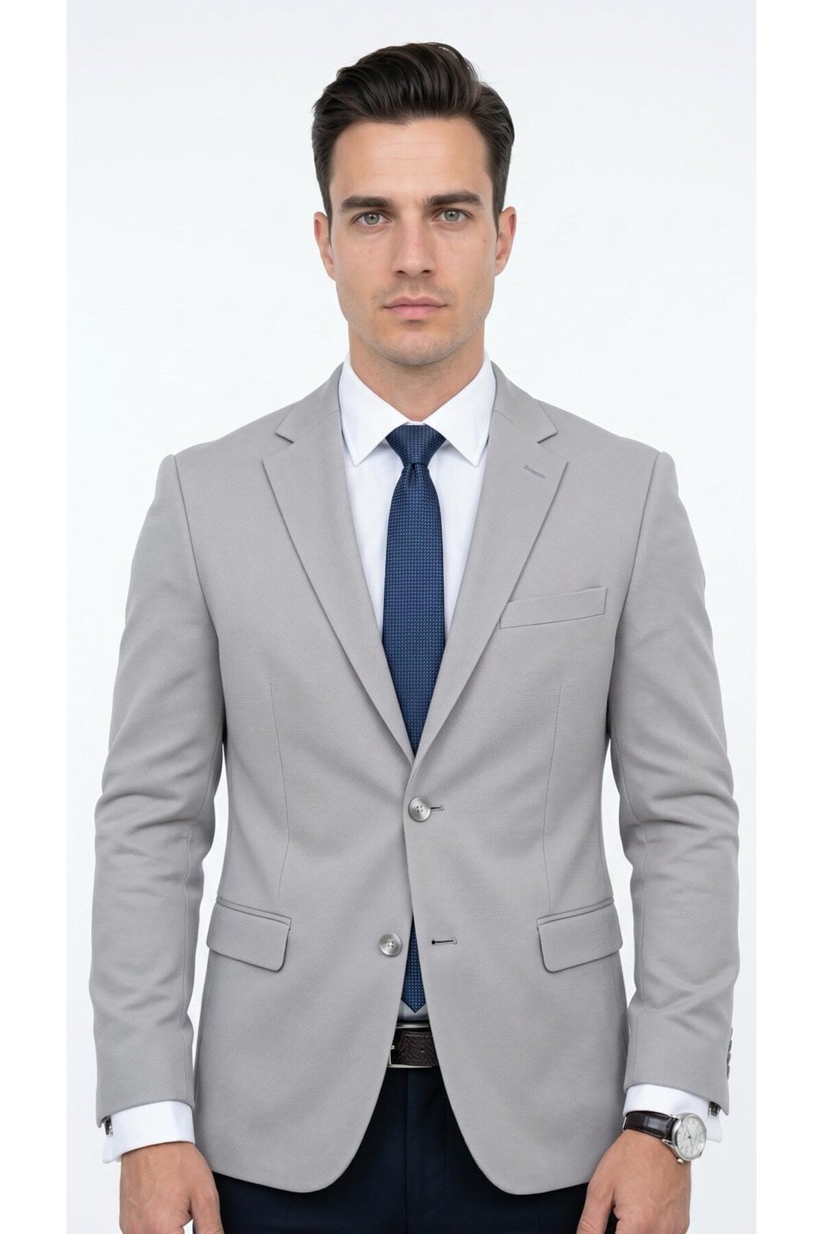 Slim Fit Mikro Desenli Erkek Ceket Yazlık Pike Kumaş Çift Yırtmaç Blazer - Gri