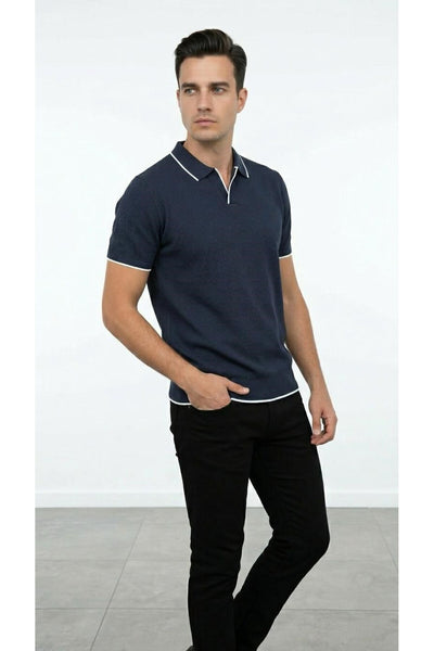 Erkek Pike Dokulu Triko Polo Yaka Tişört Slim Fit Şerit Detaylı Yazlık Model - Lacivert